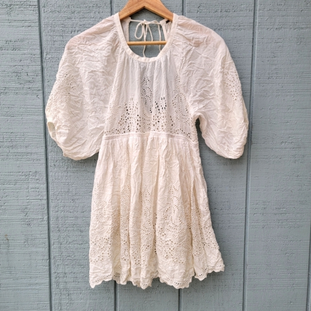 y2k Free People Babydoll Eyelet Lace Puff Sleeve Tunic Open Back sz XS/S Ivory